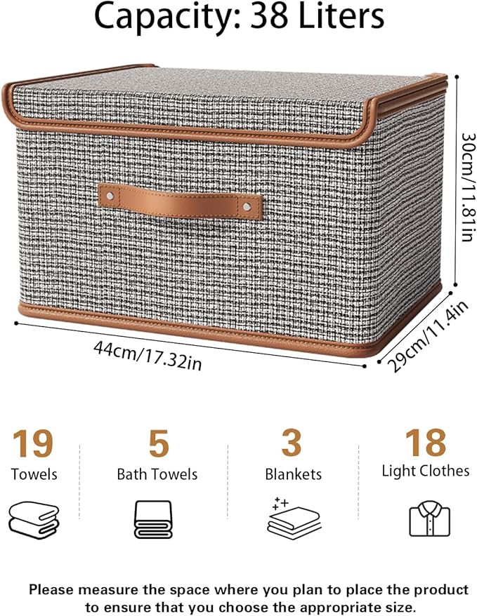 Tuza 4 Pack Storage Bins with Lids, Collapsible Closet Organizer Container, Fabric Organizer Box with Handles, Decorative Storage Boxes with Lids for Organizing Clothes, Books, Light Grey, Large-NeatNest