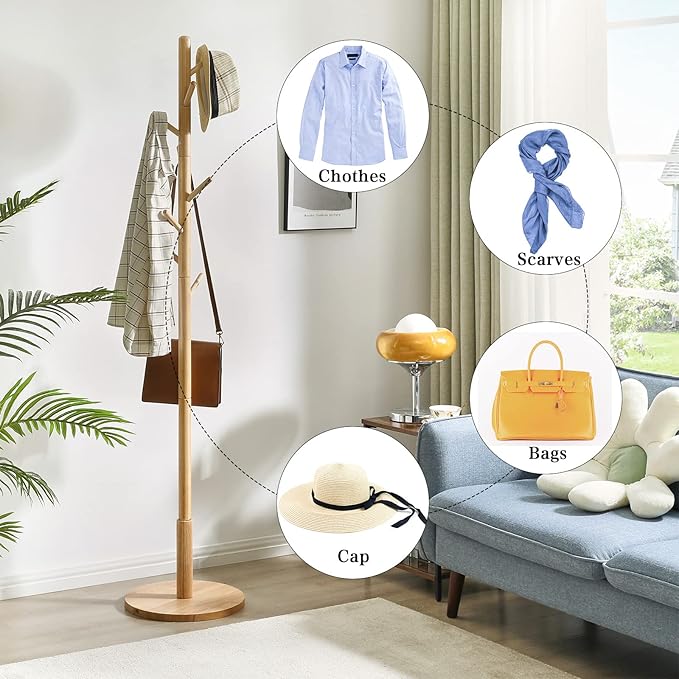 IBUYKE Coat Rack Stand, Freestanding Coat Tree with Solid Round Base and 8 Hooks, Easy Assembly Wooden Coat Hanger, Clothes Rack for Hallway Entryway, Living Room, Bedroom, Natural Color WD-115-NeatNest