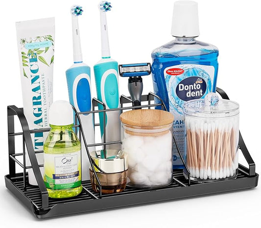 Bathroom Countertop Organizer - Detachable 7 Slots Kids Electric Black Toothbrush and Toothpaste Holder Drainage Tray for Bathroom Accessories Organization Counter Vanity Sink Storage