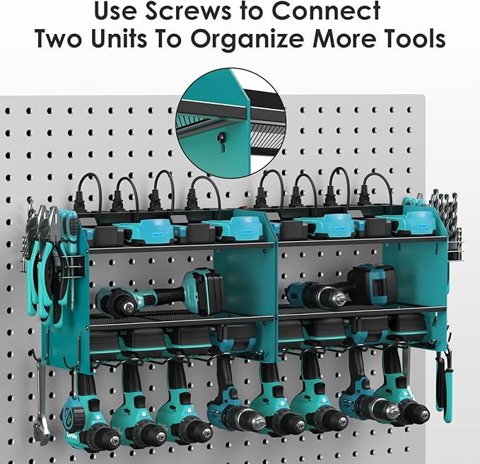 CCCEI Set Power Tool Organizer Wall Mount with Charging Station. Garage 4 Drill Storage Shelf with Hooks, Heavy Duty Metal Tool Battery Charger Organizer. Shop Utility Rack with Power Strip Navy Blue.-NeatNest