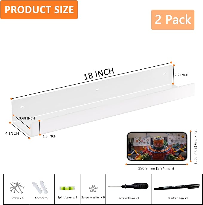 18 Inches White Acrylic Wall Display Shelf 2 Pack, Wall Shelves Organizer for Books, Bottles, Small Plants, Picture Frames, Spice, Wine, Décor, Figures-NeatNest