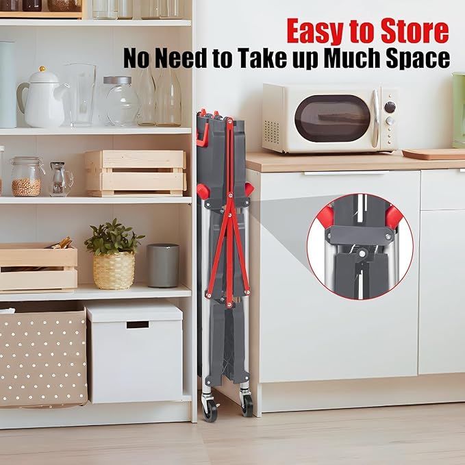 Folding Service Cart Collapsible 3 Tier Cart Portable Utility Service Cart with Wheels Aluminum Lightweight Push Cart for Office Warehouse, Home, Bar