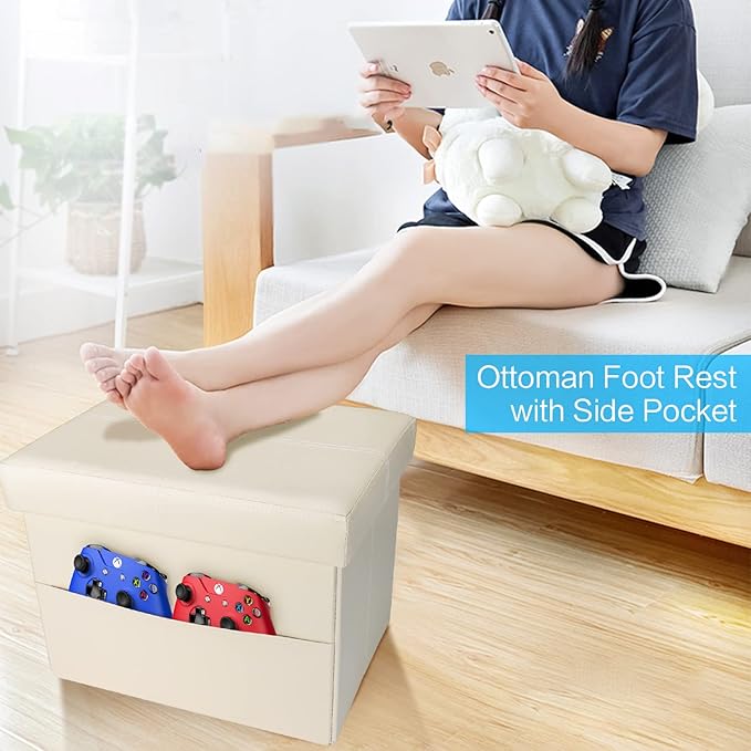 AmasSmile Storage Ottoman Folding Foot Rest Stool with Side Pocket, 16 inch Leather Footstool Bench, Short Ottoman Bench, Storage Foot Rest Store, Books (Beige-2)-NeatNest