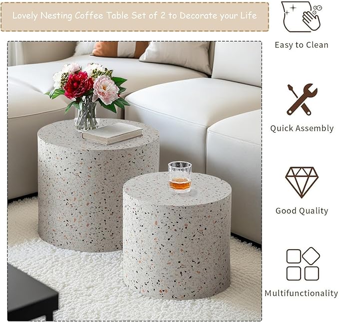 Modern Round Nesting Coffee Table Set of 2, Vertical Stripe Design Drum Coffee Table Cocktail Table, Round Side Table for Living Room, Bedroom, Office, Balcony (H14.6+18.1")
