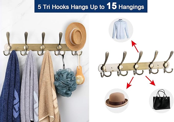 NearMoon Coat Rack Wall Mounted-2 Pack, Heavy Duty Bath Towel Hooks Stainless Steel Robe Hooks Holder, Metal Coat Hook for Towel Coat Hat Key Bathroom Bedroom Hotel Entryway (5 Hooks, Bronze)