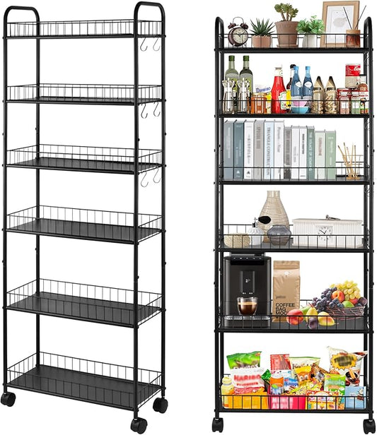 6 Tier Slim Storage Cart with Wheels Metal Rolling Organizer Utility Cart Narrow Mobile Shelving Unit Tiered Storage Shelf on Wheels for Kitchen Bathroom (Black, 10")