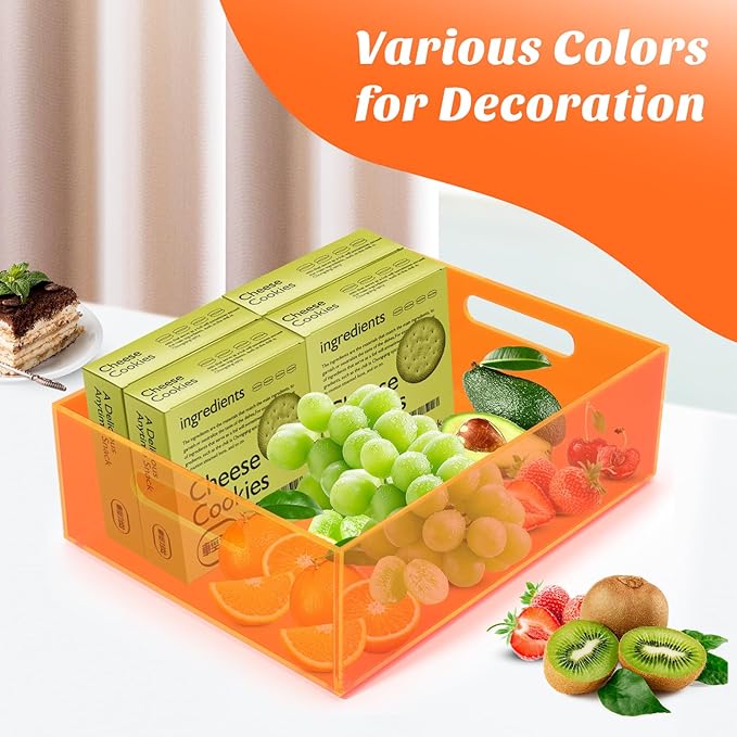 Acrylic Storage Bin Pantry Storage Container with Handles Kitchen Organizer Bin for Cabinet Cupboard Organization, Heavy Duty, 12.6 x 9.4 x 4'', Neon Orange