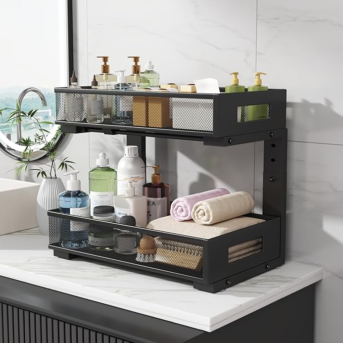 2-Pack Under Sink Organizers And Storage,Large Capacity 2-Tier Pull-Out Cabinet Organizer With Upgraded Tube Rails,Adjustable Height Sliding Drawers,Sturdy Mesh Shelves For Kitchen&Bathroom-Black-NeatNest