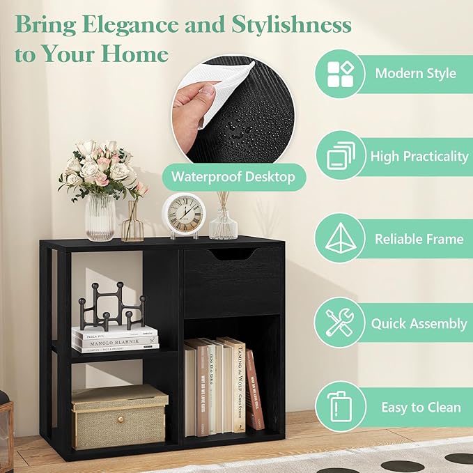 Giantex 3 Cube Bookcase with Drawer Set of 2, 2 Tier Bookshelf for Small Spaces, Modern Freestanding Display Rack with Open Shelves, Book Case, Wood Cube Storage Organizer Bedroom Living Room, Black
