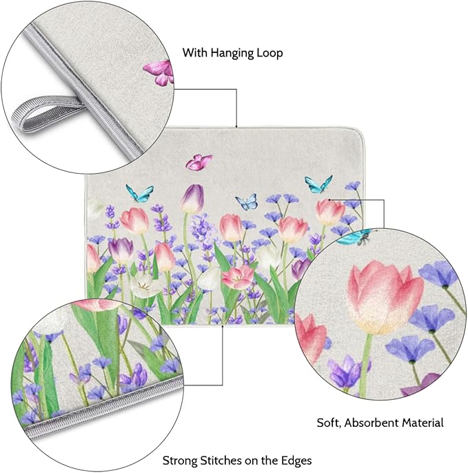 Dish Drying Mat for Kitchen Counter - Absorbent Microfiber Drying Rack Pads Reversible Dish Pad Draining Mats for Countertop Coffee Mats,18x24 inch(Tulip Flower Field)