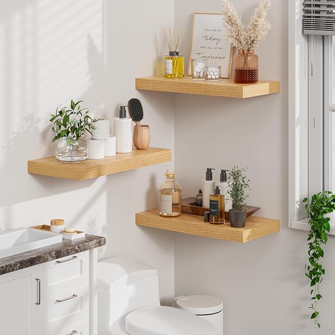 Heimlove 12" Deep Floating Shelves for Wall, 24 Inch Wall Shelf Bathroom Shelves Set of 2, Wall Mounted Shelves for Books Living Room Laundry Room Bedroom Kitchen Home Office, Oak-NeatNest