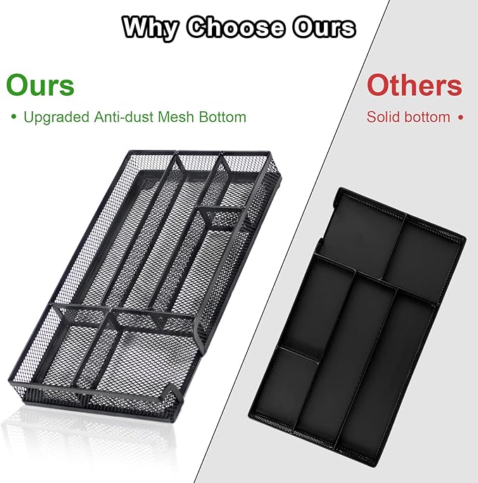 Desk Drawer Organizer 2 Pack, Office Drawer Organizer, 6 Grid Metal Mesh Drawer, Small Desk Organizer Tray Accessories for Office School Home, Bathroom, Kitchen, 11X 6 X 1.45in,Black-NeatNest