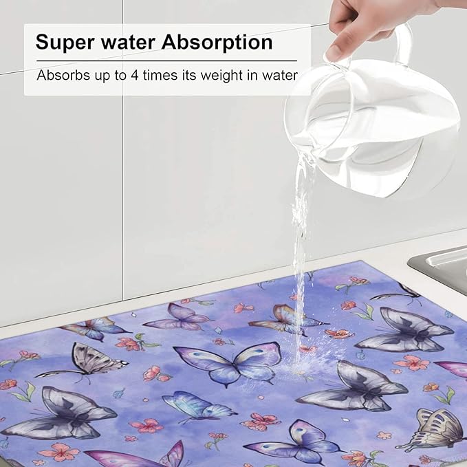 Butterfly Dish Drying Mat for Kitchen Counter Cute Kitchen Mat Microfiber Kitchen Countertop Absorbent Reversible Drainer Rack Pad Dish Drying Mat 18 x 24 Inch-NeatNest