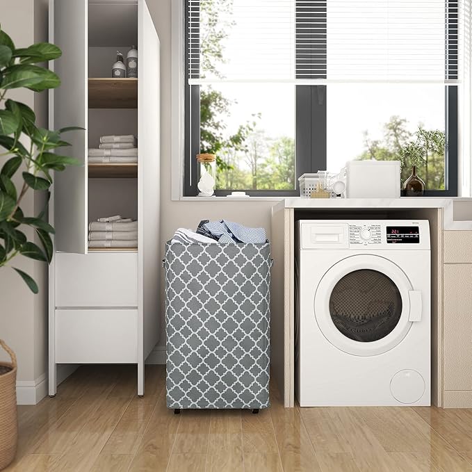 WOWLIVE Large Rolling Laundry Basket Wheels 90L Collapsible Tall Laundry Hamper Handle Foldable Dirty Clothing laundry storage organizer Fold up Rectangular Hampers for Laundry Dorm Room (Grey3)