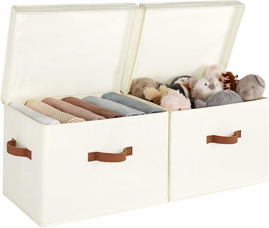 StorageWorks Fabric Storage Bins with Lid, Decorative Storage Boxes for Shelves, Stackable Closet Organizer Basket with Handles, Jumbo, Ivory White, 2-Pack-NeatNest
