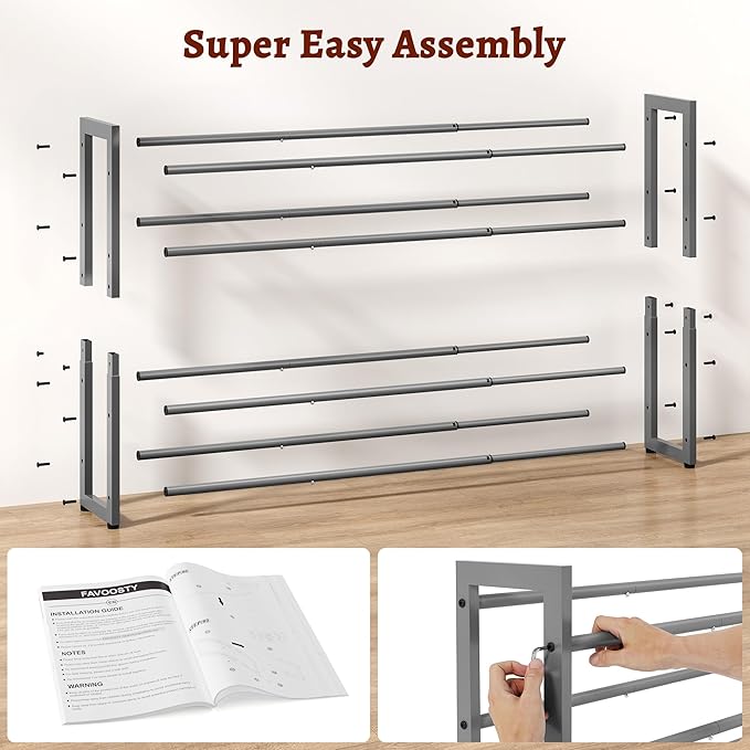 FAVOOSTY 4-Tier Expandable Shoe Rack, Adjustable Shoe Shelf Storage Organizer Space Saving Metal Free Standing Shoe Rack for Entryway Closet Doorway, Silver Grey-NeatNest