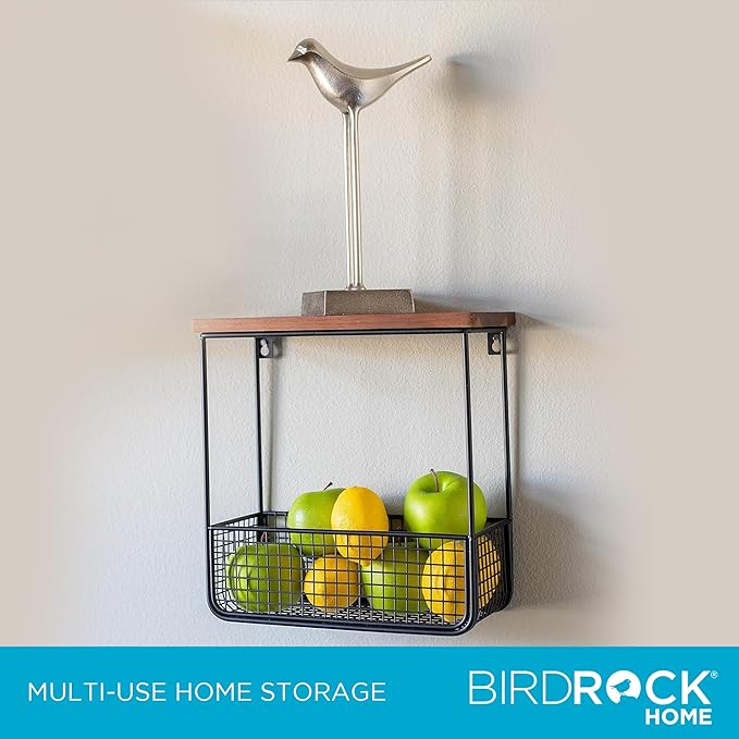 BIRDROCK HOME 2pc Floating Shelves with Basket - Wood Metal Wall Storage Shelf - Decorative Hanging Baskets for Bathroom, Bedroom, Living Room - Rustic Farmhouse - Small & Large - Black/Brown
