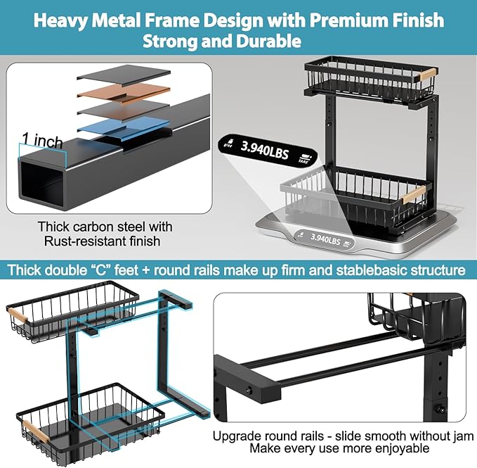 Under Sink Organizer Storage 1 pack, 2 Tier Slide Out Height Adjustable Pull Out Cabinet Organizer Drawers, Kitchen Bathroom Large Capacity Metal Under Sink Rack Caddy Basket Shelves, Black-NeatNest