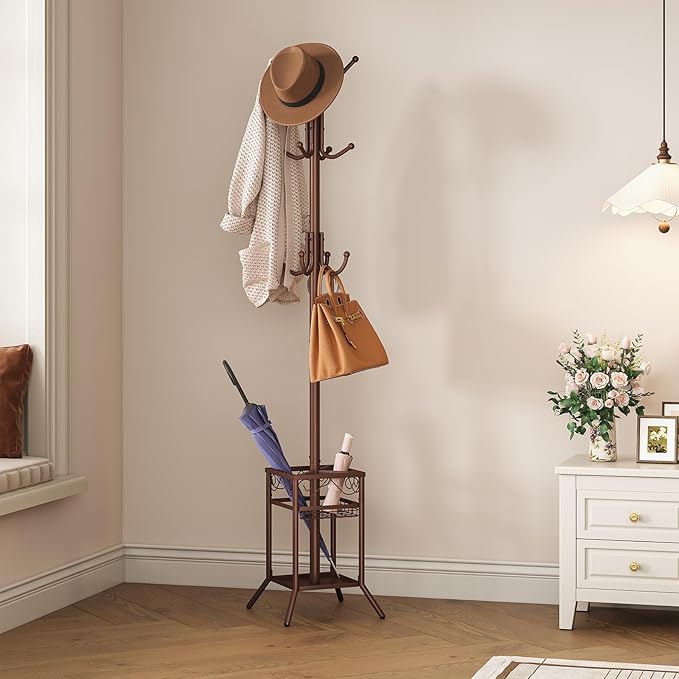 ELYKEN Coat Rack Freestanding, Metal Coat Rack Stand with Umbrella Holder, Modern Coat Tree with 12 Hooks, Floor Standing Corner Hall Tree for Entryway Living Room Bedroom Office, Brown-NeatNest