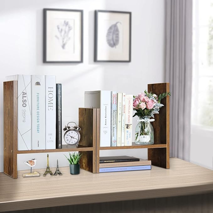 J.M.Deco Desktop Organizers and Storage for Office, Adjustable Desktop Organizer Shelf Double H Display, True Natural Stand Shelf, Desktop Shelf Organizer Natural Wood Tone-NeatNest