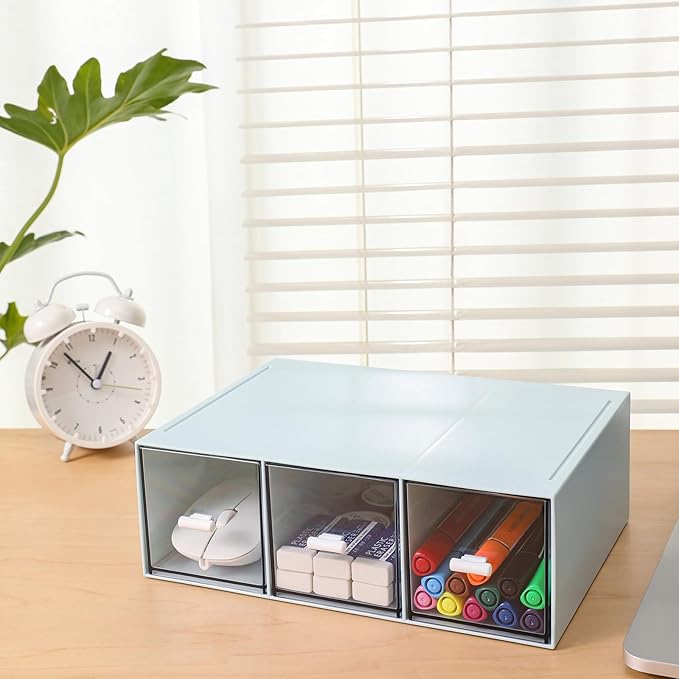 Plastic 3 Drawer Organizer for Cosmetic Storage, Desk Organizer, Makeup Organizer for nail polish, Lipstick, Brushes, Jewelry, Skincare, Bathroom Organization Boxes - Blue-NeatNest