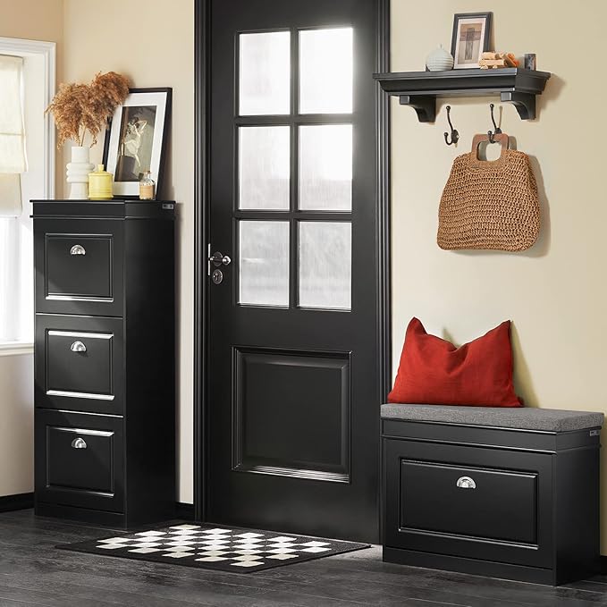 Haotian Black Hallway Shoe Bench, Narrow Shoe Rack Entryway, Small Shoe Cabinet with Flip-Drawer and Seat Cushion, FSR82-K-SCH-NeatNest