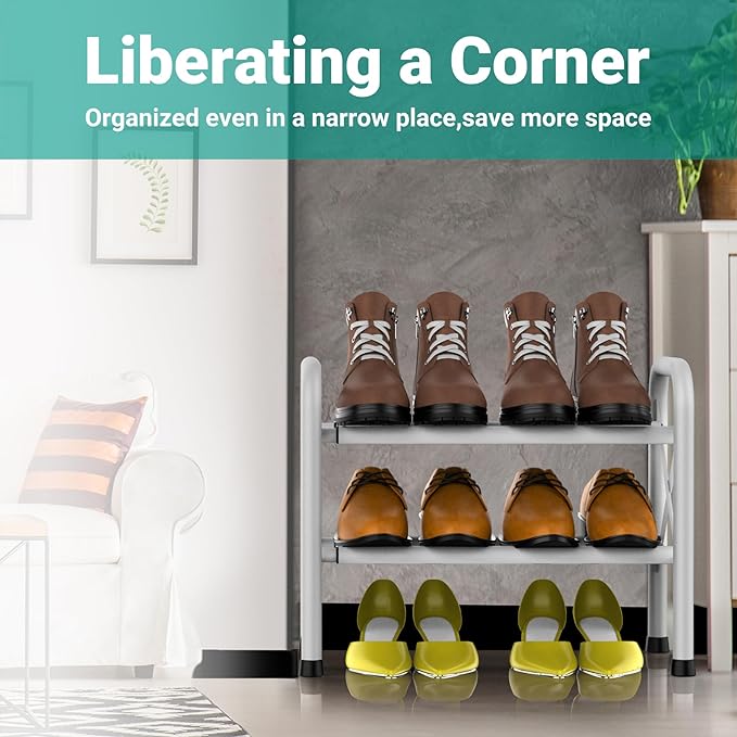 2-Tier Free Standing Shoe Racks, White Shoe Storage Rack, Metal Shoe Storage Shelf for 12 Pairs of Shoes-NeatNest