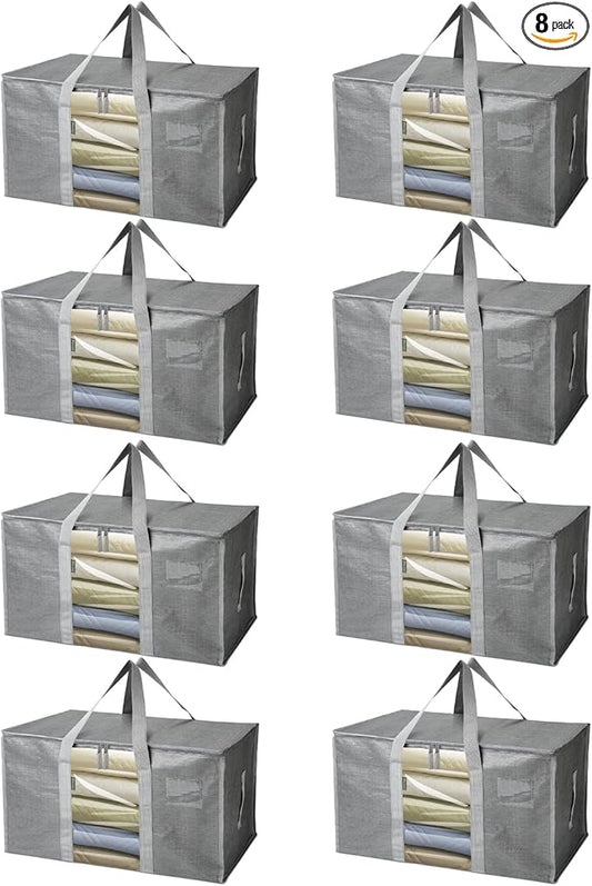 BALEINE 8-Pack Oversized Moving Bags with Reinforced Handles, Heavy-Duty Storage Tote for Clothes, Moving Supplies (Grey with Window, 8 Pack)-NeatNest