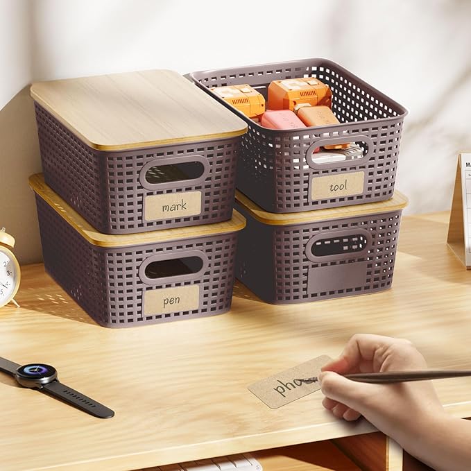6-Pack Stackable Storage Bins with Bamboo Lids, Small 5 Qt Decorative Plastic Storage Baskets Boxes Containers with Labels for Organizing Shelves Classroom Closet Office Bathroom, Brown-NeatNest