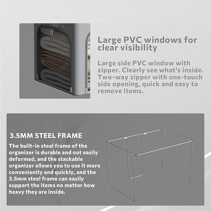 3Pack Clothes Storage Bins - Oxford Frame Storage Box Foldable Stackable Storage Organizer with 3 Openings Design, Metal Frame, Clear Window, Carry Handles (66L-19.7 * 15.7 * 13, Grey)-NeatNest