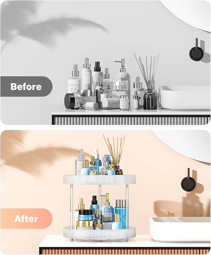 360° Clear Rotating Storage Tray, 2 Tier Lazy Susan Bathroom Countertop Organizer, Cosmetics and Perfume Organizer, Spinning Storage Tray Vanity Organizer Shelf for Bathroom Cabinet, Kitchen(Medium)-NeatNest