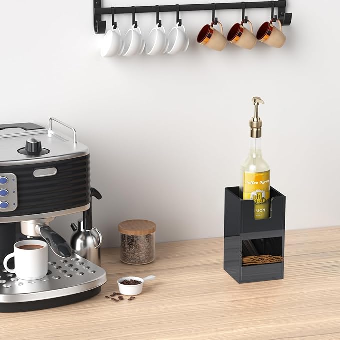 Coffee Condiment and Cup Organizer - 2-Tier Upright Cup and Lid Holder with Straw Organizer 2 Compartments Black Acrylic Cup Dispenser for Restaurant Breakroom Coffee Station Countertop-NeatNest