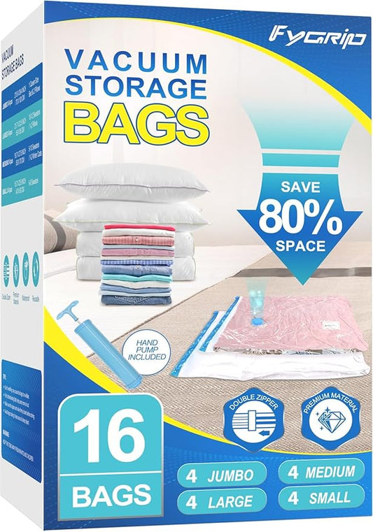 16 Pack Vacuum Storage Bags with Hand Pump, 4 Jumbo + 4 Large + 4 Medium + 4 Small Plastic Packaging Bags, 80% Space Saver Vacuum Seal Bags for Clothing, Travel Lugggage, Blankets, Comforters-NeatNest
