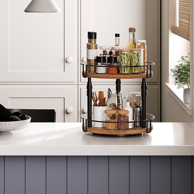 HOOBRO Lazy Susan Organizer Spice Rack, 2-Tier Height Adjustable Rotating Lazy Turntable Spice Organizer, for Kitchen Countertop and Cabinet, Rustic Brown BF05TL01-NeatNest