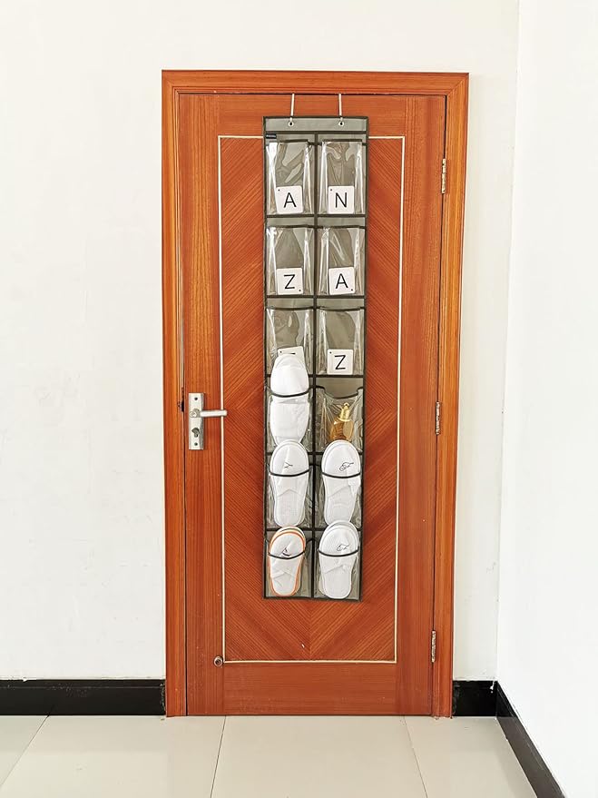 Closet Shoe Organizer Behind Door Hanging Closet Kids Shoe Rack with 12 Clear Large Pockets (12 Pockets-Grey)-NeatNest