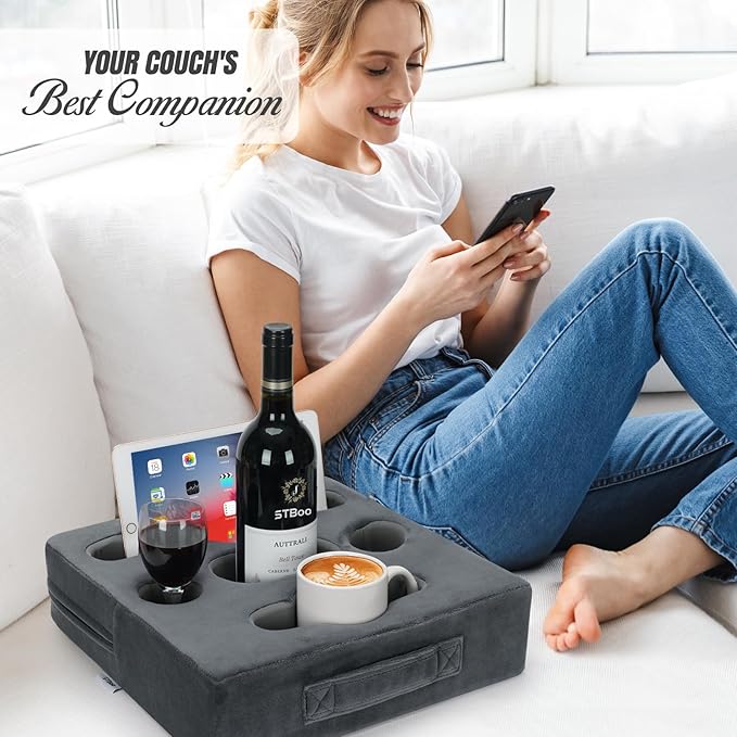 STBoo Couch Cup Holder Pillow - Sofa Drink Cup Holder Cozy Buddy | Bed Caddy Organizer Holds Remote, Snacks, Phones, Tablet | Waterproof Anti-Spill Sofa Beverage Tray for Car, Beach, RV, Boat (Grey)-NeatNest