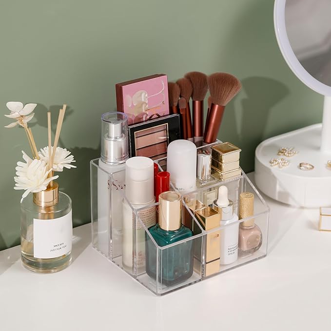Yesesion Clear Makeup Organizer with 5 Compartments, Plastic Bathroom Counter Storage for Skincare, Toothbrush, Cosmetics Brushes, Palette, Lipsticks, Hair Accessories Holder for Vanity Dresser-NeatNest