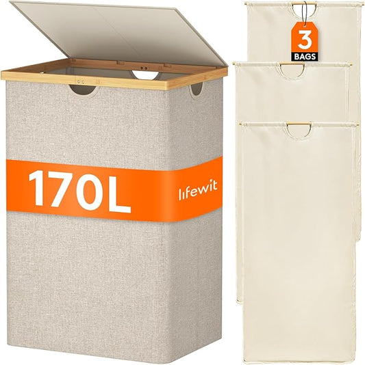 Lifewit 170L Triple Laundry Hamper with Lid, Extra Large Bamboo Laundry Basket Dirty Clothes Hamper,3 Section Laundry Bin Organizer for Laundry Room Bedroom with 3 Removable Liners & Bags, Beige-NeatNest