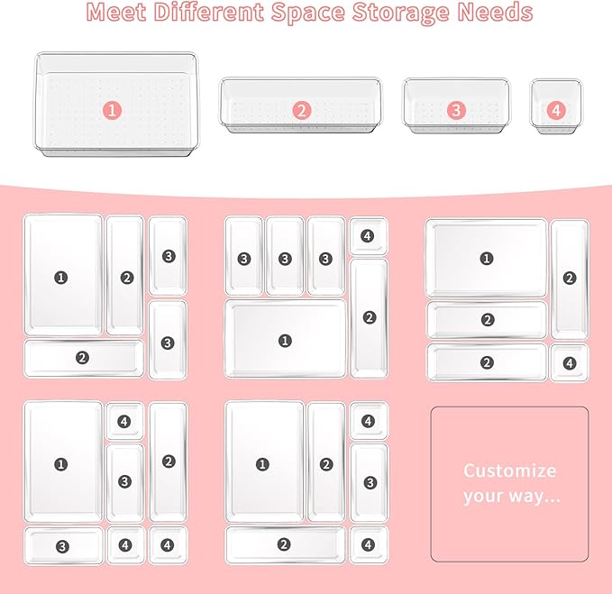 25 PCS Plastic Drawer Organizer Set, 4-size Clear Bathroom and Vanity Desk Drawer Organizer Trays, Non-Slip Versatile Storage Bins for Makeup Jewelry Office Kitchen Gadgets-NeatNest