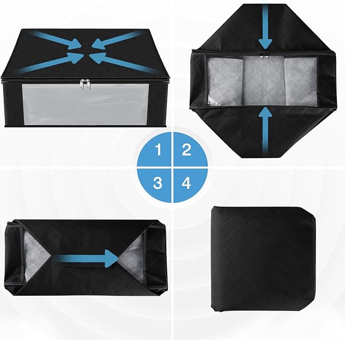 HomeHacks Storage 3-Pack Clothes Organizer Storage Bags Foldable Storage Box with Large Clear Window Sturdy Handles for Closet, Dorm, Pillows, Bedding, Clothes, Blankets, 35L, Black-NeatNest
