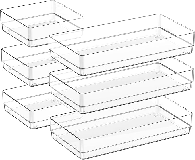 SMARTAKE 6 PCS Clear Plastic Drawer Organizers Set, Large Size Non-Slip Desk Drawer Organizer, 2-Size Versatile Bathroom and Vanity Drawer Organizer Trays for Makeup, Bedroom, Office, Kitchen Utensils-NeatNest