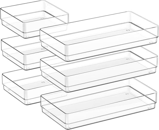 SMARTAKE 6 PCS Clear Plastic Drawer Organizers Set, Large Size Non-Slip Desk Drawer Organizer, 2-Size Versatile Bathroom and Vanity Drawer Organizer Trays for Makeup, Bedroom, Office, Kitchen Utensils-NeatNest