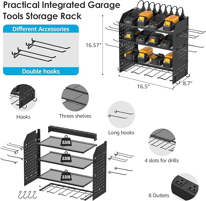 CCCEI Modular Power Tool Organizer with Charging Station. 4 Layer Wall Mount Drills Holder, Tool Battery Charger Organizer. Garage Shop Storage Utility Shelf with 10FT Power Strip, Gift for Men.-NeatNest