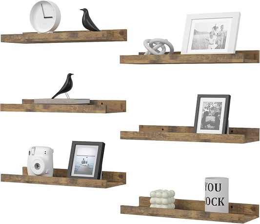 Floating Shelves Set of 6, Farmhouse Wall Shelves with Lip, Display Shelves for Wall Decor, Rustic Picture Ledge for Living Room, Bedroom, Nursery, Bathroom, Pictures, Books, Plants- Brown-NeatNest