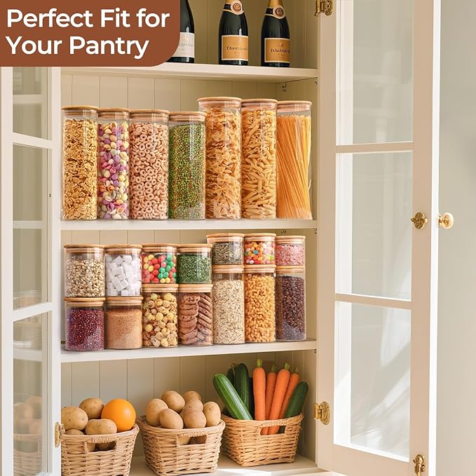 ComSaf Airtight Glass Storage Canister with Wood Lid(1.5 Qt), Set of 3 Glass Jars with Lids, Clear Food Storage Container Jar with Sealing Lids for Dry Food Cereal Oat Sugar Tea Coffee Beans, Round-NeatNest