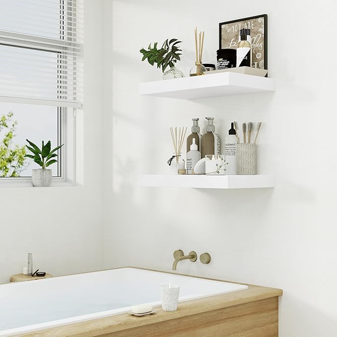 Heimlove 12" Deep White Floating Shelves for Wall, 24 Inch Wall Shelf Bathroom Shelves Set of 1, Wall Mounted Shelves for Books Living Room Laundry Room Bedroom Kitchen Home Office-NeatNest