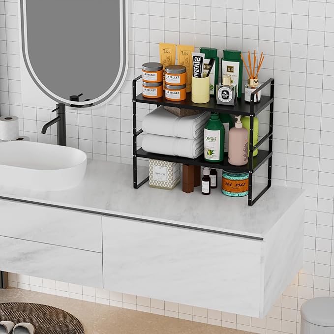 Cabinet Organizer Shelves,Expandable Cabinet Spice Racks,Stackable Pantry Counter Under Sink Shelves, Storage Shelves for Kitchen,Home,Office,3 Packs,10.24" D,Black