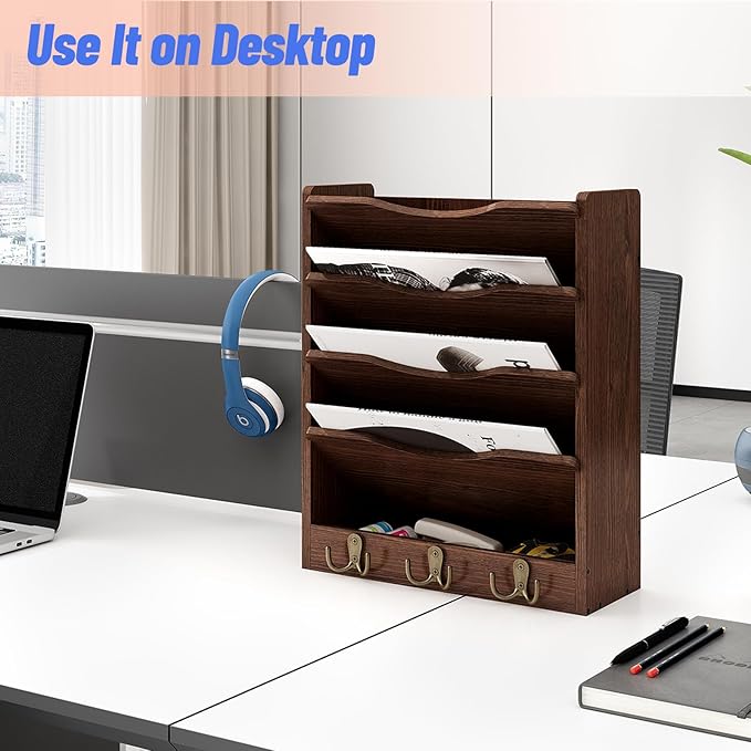 5 Tier Hanging Wall File Holders Letter Size Wall File Organizer Wood Mail Organizer with 6 Hooks, Brown