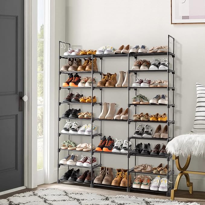 9-Tier Tall Shoe Rack - Free Standing Shoe Shelf Organizer - Large Metal Closet Organizer with Hooks - Stackable Stand for Bedroom Entryway - Holds Up to 55 Pairs of Shoes-Black-NeatNest