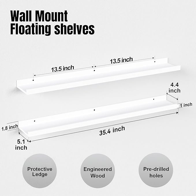 36 Inches Long Floating Shelves Wall Mounted, 2 Set Modern White Wall Shelf for Bedroom, Nursery Book Shelf with Lip, Picture Ledge Shelf for Wall Decor Living Room Bathroom Kitchen - White-NeatNest